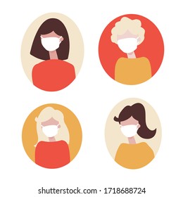 Set of 4 images of women in medical masks. Warm colors. Two brown-haired and two blondes. For information banners, infographics, blogs, sites, newsletters. Vector graphics. Flat.