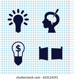 Set of 4 imagination filled icons such as brain surgery, light bulb, gate