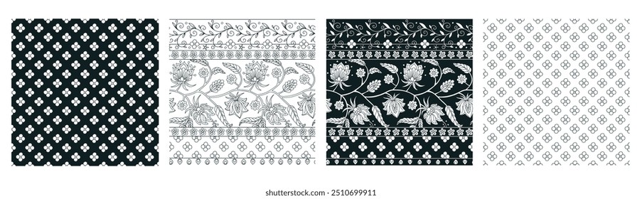 Conjunto de 4 patrones florales indios monocromáticos con flores y hojas abstractas. Diseños de bufanda botánica étnica en blanco y negro