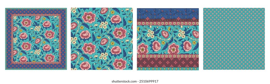 Conjunto de 4 patrones florales indios con flores y hojas abstractas. Fondo botánico étnico.