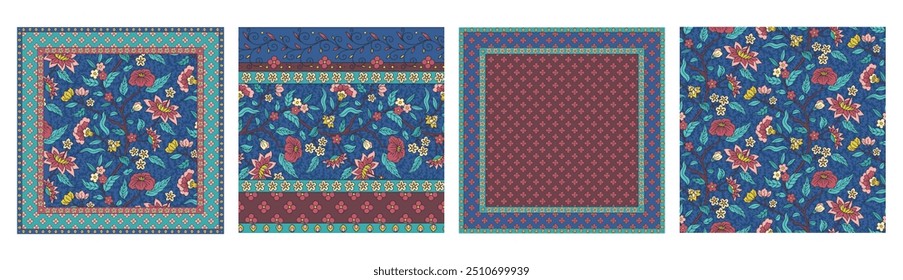 Conjunto de 4 patrones florales indios con flores y hojas abstractas. Diseños de bufanda botánica étnica