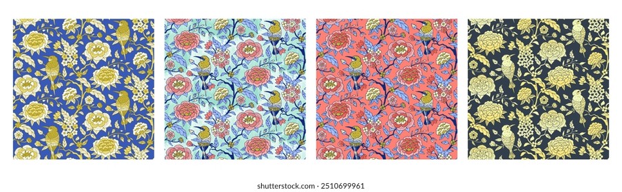 Conjunto de 4 patrones florales indios con flores y pájaros abstractos. Fondo botánico étnico.