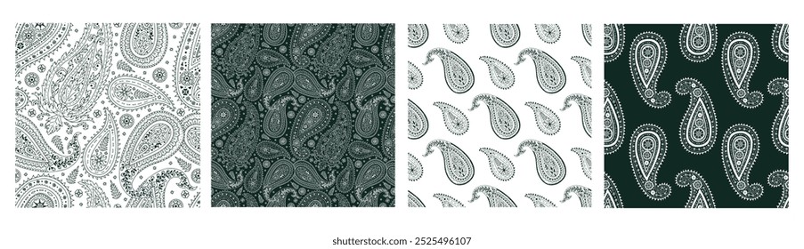 Conjunto de 4 patrones florales indios con flores y hojas abstractas. Diseños de bufanda botánica étnica en blanco y negro