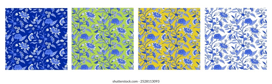 Conjunto de 4 patrones florales indios con flores y hojas abstractas. Fondo botánico étnico.