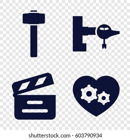Set of 4 industry filled icons such as jetway, garden hammer, gear heart
