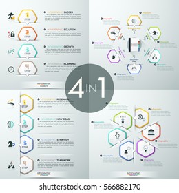 Conjunto de 4 plantillas de diseño infográfico. Cuatro diagramas con marcadores polígónicos de papel blanco, iconos y cuadros de texto. Pasos y características del desarrollo empresarial. Ilustración vectorial para sitio web, banner.