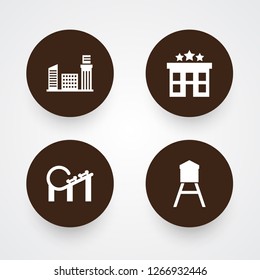 Set of 4 infrastructure icons set. Collection of roller coaster, city, container and other elements.