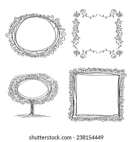 Set of 4 ink frames. 4 flourish and curly frames. Line art. Graphic borders.Tree, roses,spiral. Black on white background.Vector illustration - stock vector. Vintage hand drawing frames.