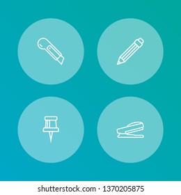 Set of 4 instruments icons line style set. Collection of pencil, knife, pin and other elements.
