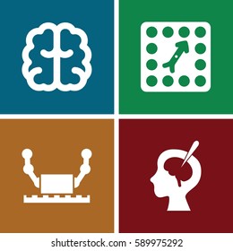 Set of 4 intelligence filled icons such as brain, brain surgery, board game