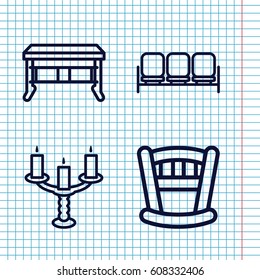 Set of 4 interior outline icons such as sofa, candlestick, office desk