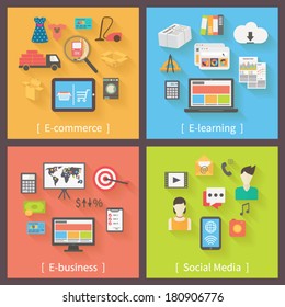Set of 4 internet concepts: e-commerce, e-learning, e-business, social media. Flat design vector icons.
