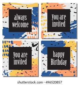 Set of 4 Invitation cards with brush strokes pattern with with orange, blue and yellow color on a light background. Unusual creative poster. Trendy hand made patterns and colors.