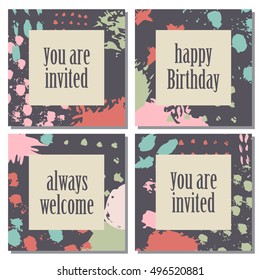 Set of 4 Invitation cards with brush strokes pattern in trendy colors on a dark background. Unusual creative poster. 