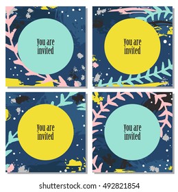 Set of 4 Invitation cards with ink grunge texture in green, yellow and pink color on a blue background. Unusual creative poster. Trendy hand made patterns and colors.