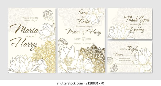 Conjunto de 4 plantillas de diseño de invitación con mandala y loto. Patrón dorado para tarjeta de boda floral, Salve la fecha, Gracias, postal Rsvp. 