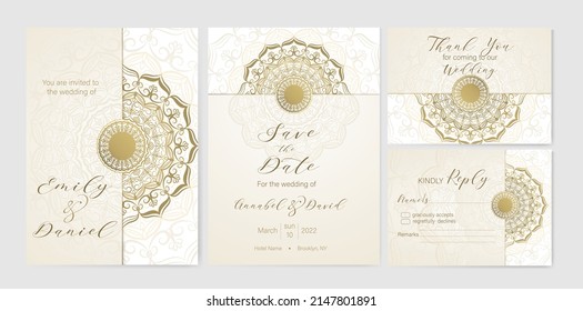 Conjunto de 4 plantillas de diseño de invitación con Mandala dorada. Patrón de lujo para tarjeta de boda, Salve la fecha, Gracias, postal Rsvp. 