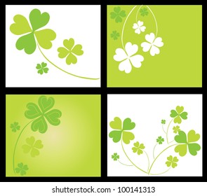 set of 4 invitations for life events with lucky four leaf clovers, in green white colors