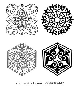 Set of 4 islamic black ornaments on background in vector. Asian new year gold decorative traditional oriental symbols. Circular ornamental arabic symbols. Abstract Asian elements of the Kazakhs