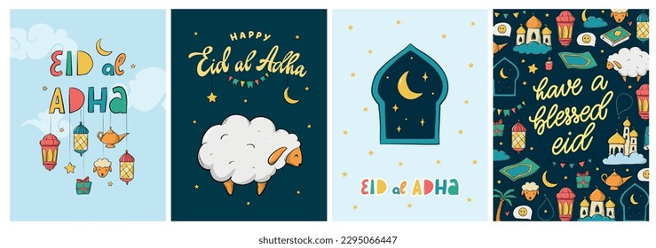 set of 4 Islamic greeting cards, posters, prints, banners for eid al adha deocrated with lettering quotes and doodles. EPS 10