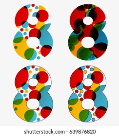 Set of 4 isolated abstract lava lamp styled number eight - 8, first simple, second multiplied, third with outlined number eight, fourth with outlined every circle and the whole eight