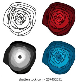 Set of 4 isolated abstract roses - red, blue, shades of grey and one outline