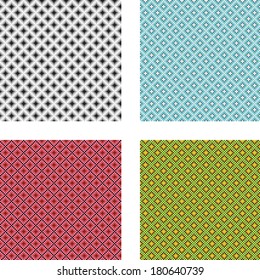 Set of 4 isolated abstract seamless pixel patterns in grey scale and 3 different colors