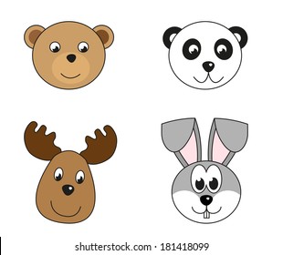 Set of 4 isolated animals head - bear, panda, reindeer, rabbit / mouse