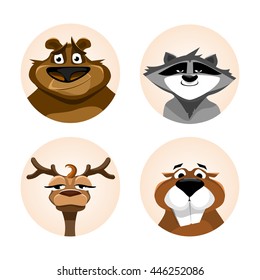 Set of 4 isolated animals head. Avatars wild animals. Raccoon, bear, deer, beaver. Flat graphics. Vector Illustration
