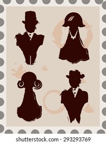 Set of 4 isolated brown retro male and female imprints