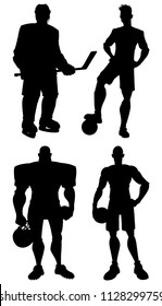 Set of 4 isolated cartoon silhouettes of soccer player, American football player, hockey player and basketball player.