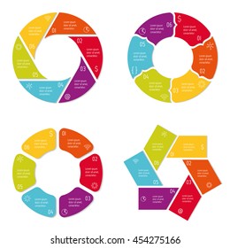 Set of 4 isolated circular infographic diagrams templates with 6 separate parts. Paper progress steps for tutorial with six options. EPS10 collection of sequence banners.