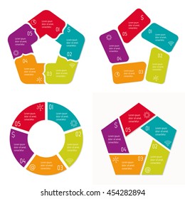 Set of 4 isolated circular infographic diagrams templates with 5 separate parts. Paper progress steps for tutorial with five options. EPS10 collection of sequence banners. Pentagon layouts.