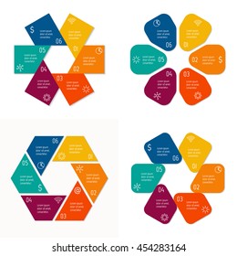 Set of 4 isolated circular infographic diagrams templates with 6 separate parts. Paper progress steps for tutorial with six options. EPS10 collection of sequence banners.