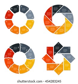 Set of 4 isolated circular infographic diagrams templates with 8 separate parts. Paper progress steps for tutorial with eight options. EPS10 collection of sequence banners.