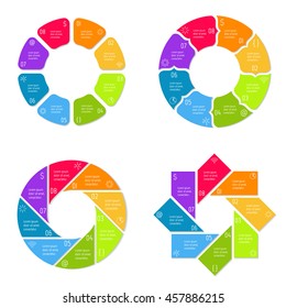 Set of 4 isolated circular infographic diagrams templates with 8 separate parts. Paper progress steps for tutorial with eight options. EPS10 collection of sequence banners.