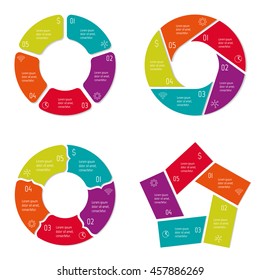 Set of 4 isolated circular infographic diagrams templates with 5 separate parts. Paper progress steps for tutorial with five options. EPS10 collection of sequence banners.