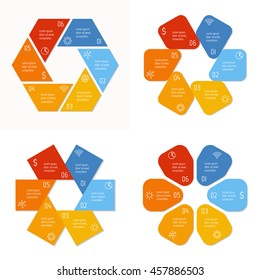 Set of 4 isolated circular infographic diagrams templates with 6 separate parts. Paper progress steps for tutorial with six options. EPS10 collection of sequence banners.