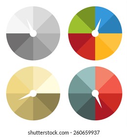 Set of 4 isolated colorful circle charts (speedometer, indicator), in vintage colors