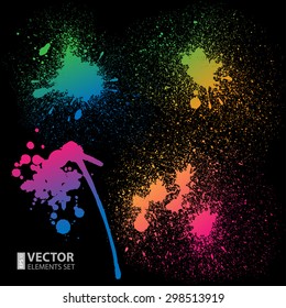 Set of 4 isolated colorful gradient rainbow grunge paint splashes on black background. RGB EPS 10 vector illustration