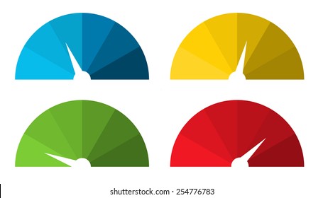 Set of 4 isolated colorful speedometers in color shades