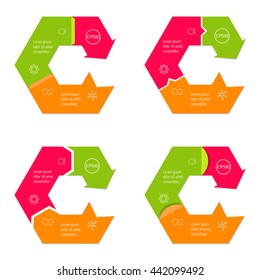 Set of 4 isolated connected hexagonal infographic diagram templates with arrow and 3 parts. Concept of sequence banners with three options. 