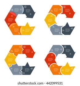 Set of 4 isolated connected hexagonal infographic diagram templates with arrow and 5 parts. Concept of sequence banners with five options.