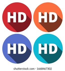 Set of 4 isolated flat colorful buttons for HD sign with long shadow