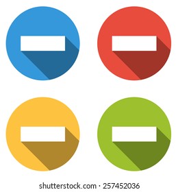 Set of 4 isolated flat colorful buttons for minus / remove with long shadow