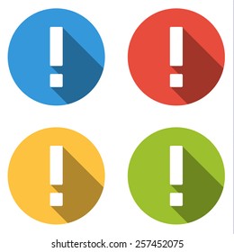 Set of 4 isolated flat colorful buttons for exclamation mark / attention with long shadow