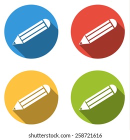 Set of 4 isolated flat colorful buttons for pencil / write us with long shadow