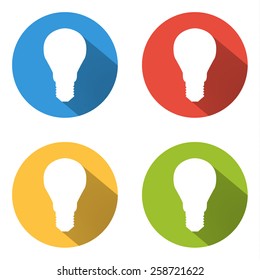 Set of 4 isolated flat colorful buttons for bulb / idea with long shadow
