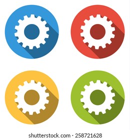 Set of 4 isolated flat colorful buttons for gear / settings with long shadow