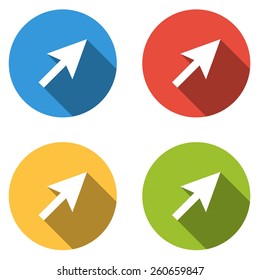 Set of 4 isolated flat colorful buttons (icons) for cursor (arrow)